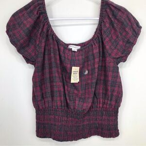 Aeropostale Burgundy Plaid Smocked Short Sleeve Crop Peasant Blouse NEW